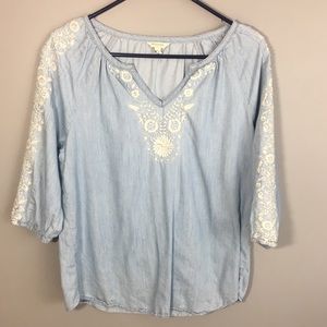 Sonoma Chambray Blue Embroidered Floral Blouse S